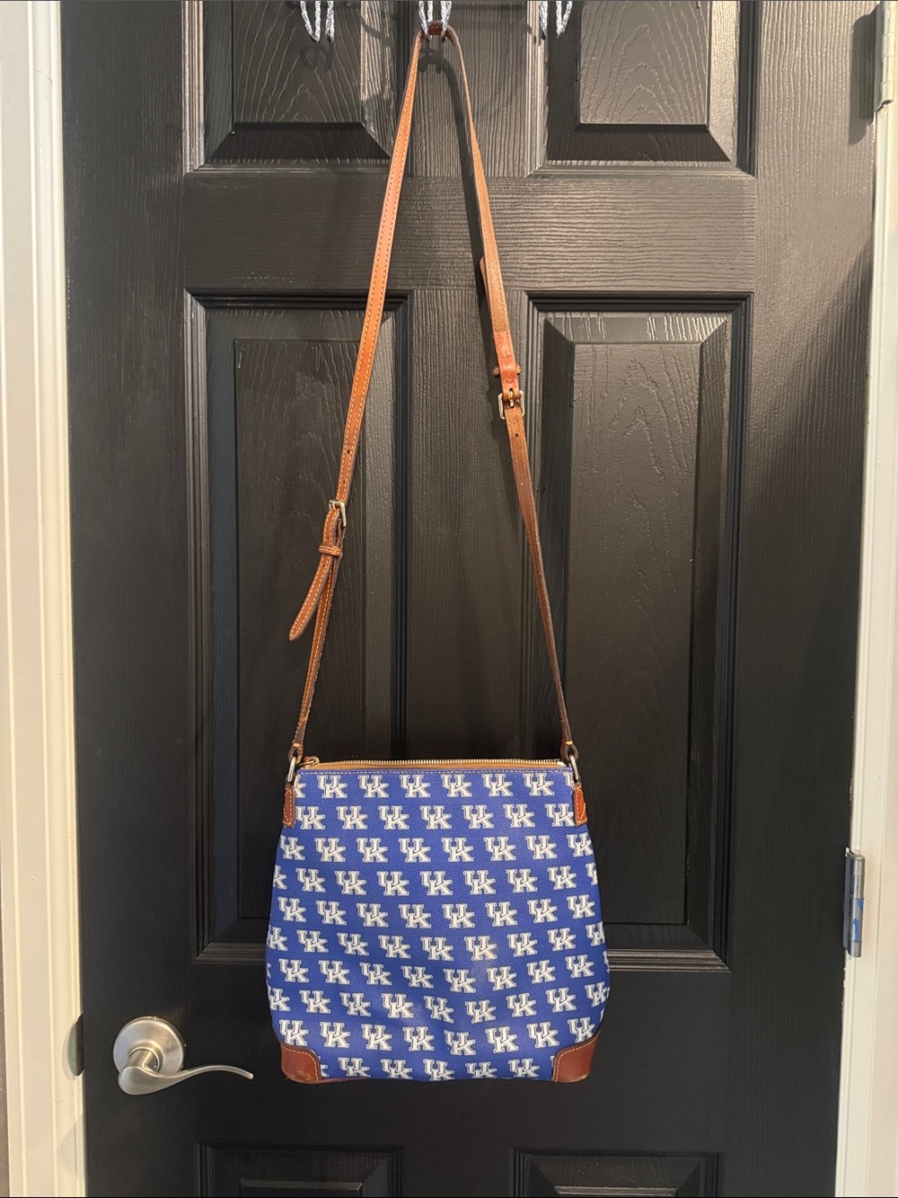 Dooney & Bourke Blue Pattern Logo Crossbody with Brown Leather Trim - Picture 5 of 8